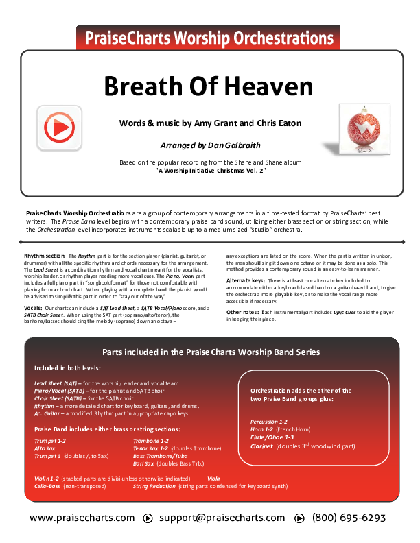 Breath Of Heaven (Mary's Song) Cover Sheet (The Worship Initiative / Shane & Shane)