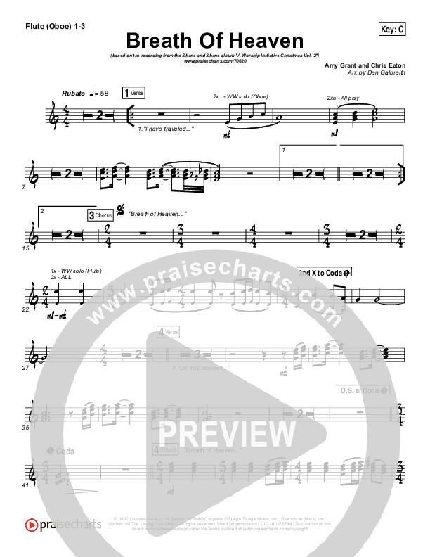 Breath Of Heaven (Mary's Song) Flute/Oboe 1/2/3 (The Worship Initiative / Shane & Shane)