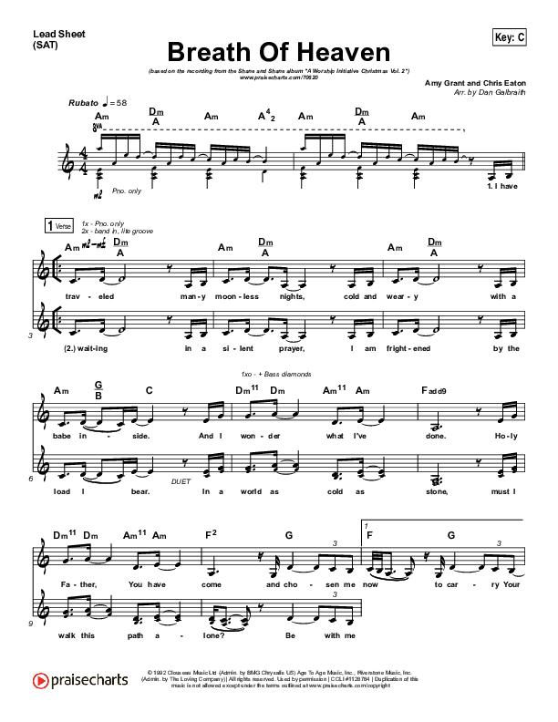 Breath Of Heaven (Mary's Song) Lead Sheet (Print Only) (The Worship Initiative / Shane & Shane)