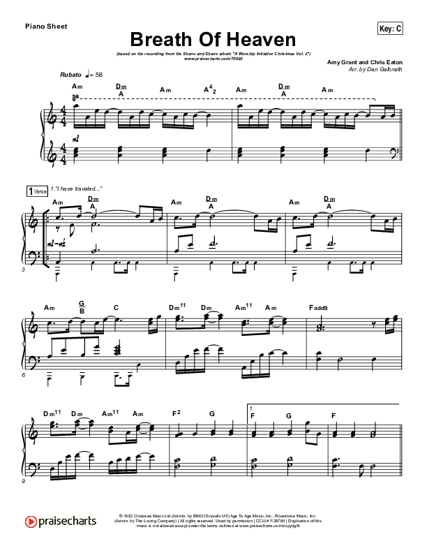 Breath Of Heaven (Mary's Song) Piano Sheet (Print Only) (The Worship Initiative / Shane & Shane)