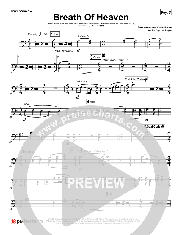 Breath Of Heaven (Mary's Song) Trombone 1/2 (The Worship Initiative / Shane & Shane)