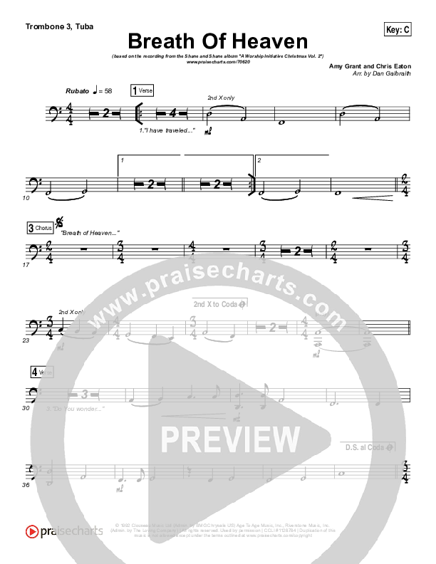 Breath Of Heaven (Mary's Song) Trombone 3/Tuba (The Worship Initiative / Shane & Shane)