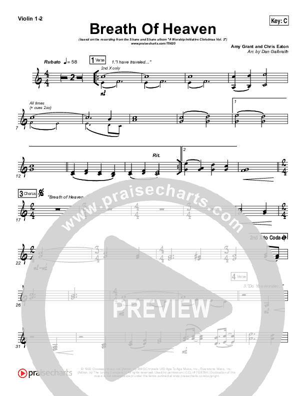 Breath Of Heaven (Mary's Song) Violin 1/2 (The Worship Initiative / Shane & Shane)