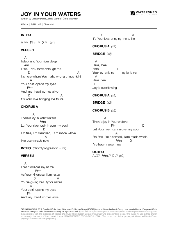 Joy In Your Waters Chords & Lyrics (Lindsay Potter)