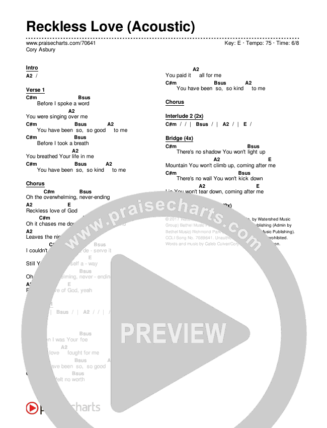Reckless Love (Acoustic) Chords & Lyrics (Cory Asbury)