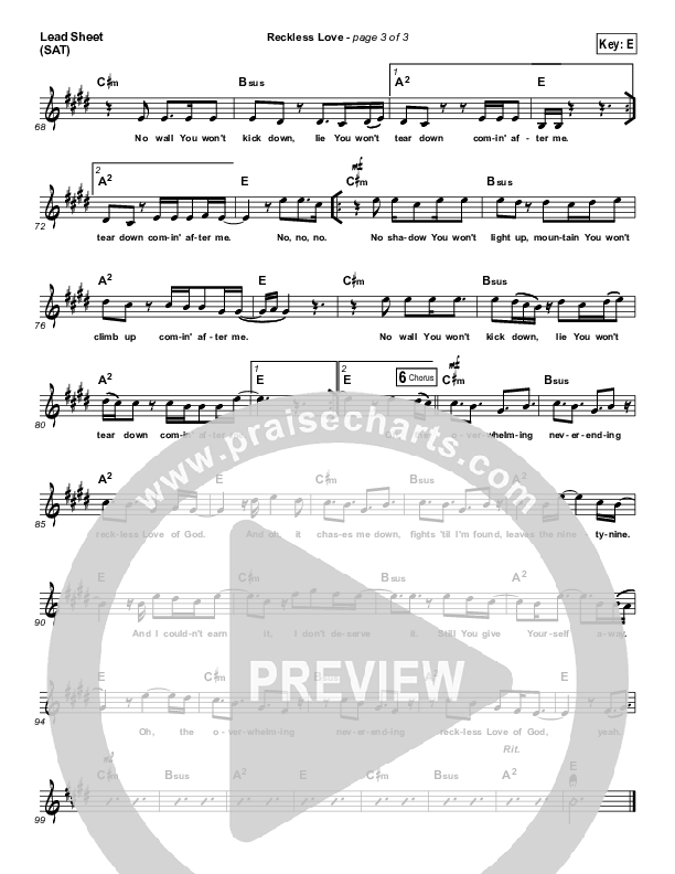 Reckless Love (Acoustic) Lead Sheet (SAT) (Cory Asbury)