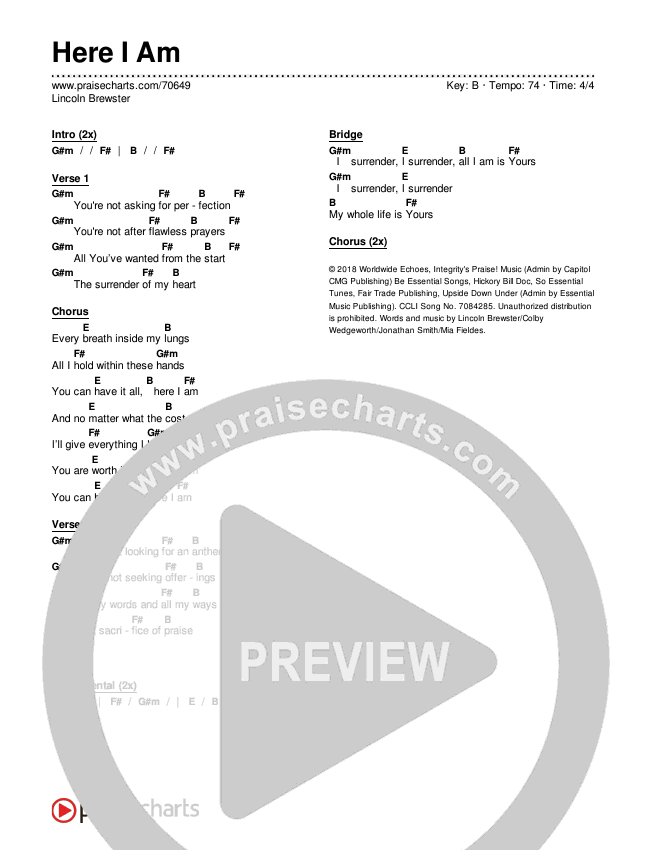 Here I Am Chords & Lyrics (Lincoln Brewster)