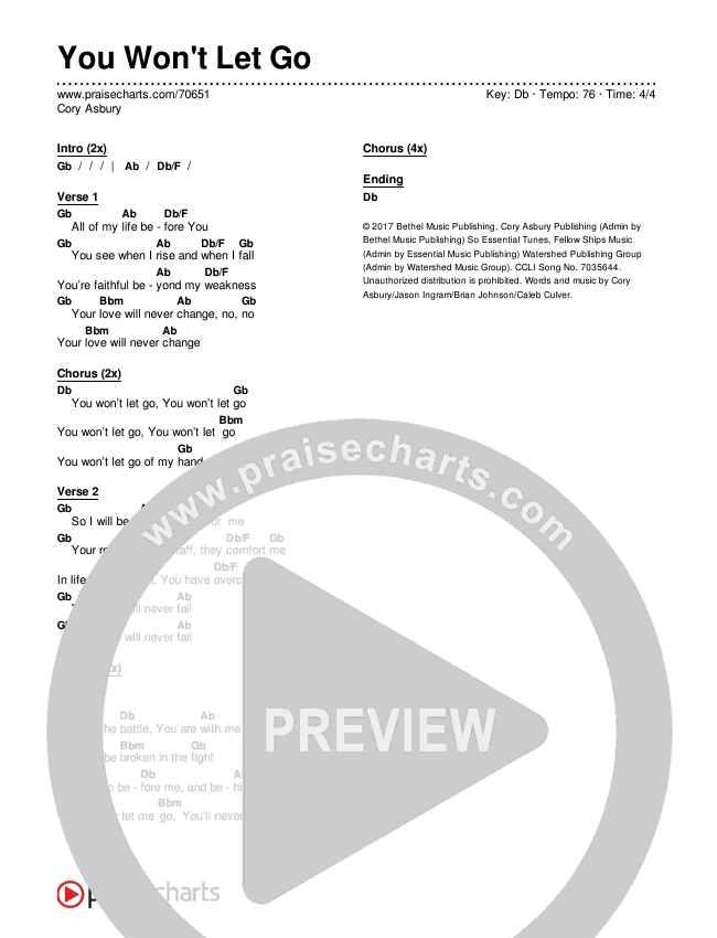 You Won't Let Go Chords & Lyrics (Cory Asbury)