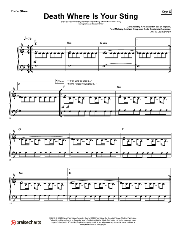 Death Where Is Your Sting Piano Sheet (Cory Asbury)