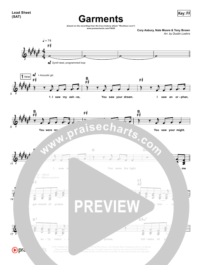 Garments Sheet Music PDF (Cory Asbury) PraiseCharts