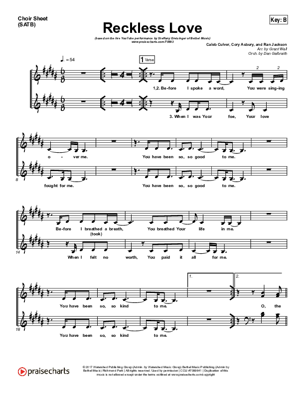 Reckless Love (YouTube) Choir Sheet (SATB) (Steffany Gretzinger)