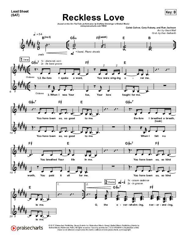 Reckless Love (YouTube) Lead Sheet (SAT) (Steffany Gretzinger)