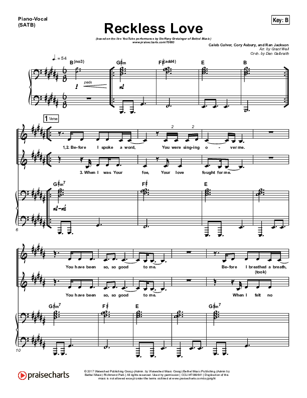 Reckless Love (YouTube) Piano/Vocal (SATB) (Steffany Gretzinger)