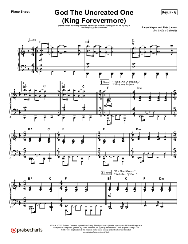 God The Uncreated One (King Forevermore) Piano Sheet (Aaron Keyes)