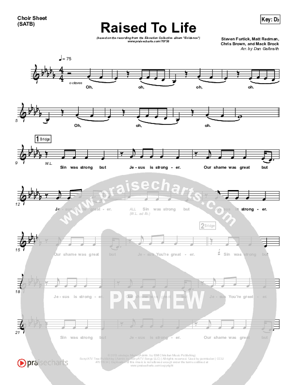 Raised To Life Choir Sheet (SATB) (Elevation Collective / The Walls Group)