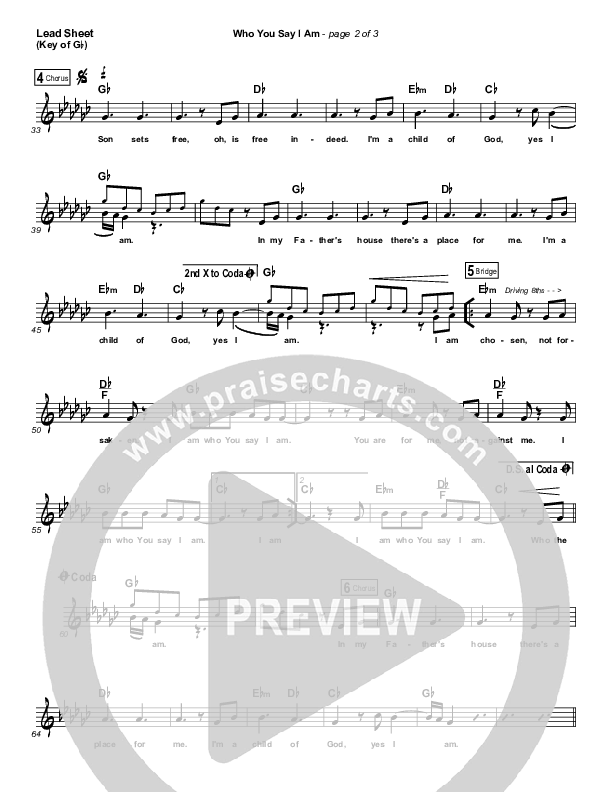 Who You Say I Am Lead Sheet (Melody) (Hillsong Worship)