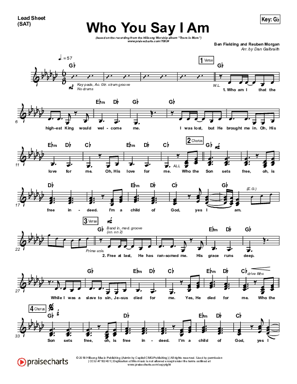 Who You Say I Am Lead Sheet (SAT) (Hillsong Worship)