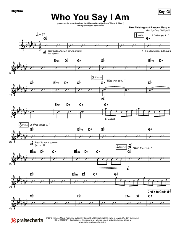 Who You Say I Am Rhythm Chart (Hillsong Worship)
