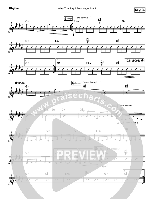 Who You Say I Am Rhythm Chart (Hillsong Worship)