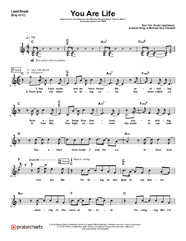 You Are Life Lead Sheet (Melody) (Hillsong Worship)