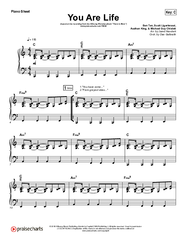 You Are Life Piano Sheet (Hillsong Worship)