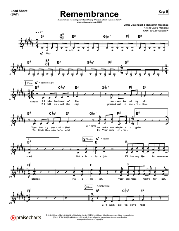 Remembrance Lead Sheet (SAT) (Hillsong Worship)