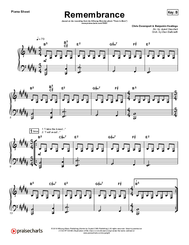 Remembrance Piano Sheet (Hillsong Worship)