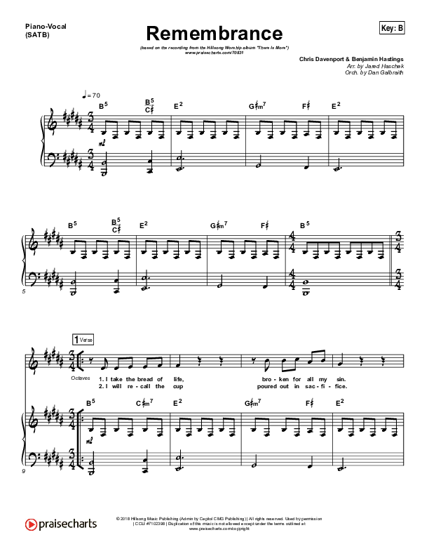 Remembrance Piano/Vocal (SATB) (Hillsong Worship)