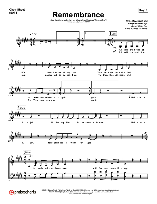 Remembrance (Live Acoustic) Choir Sheet (SATB) (Hillsong Worship)