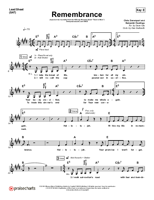 Remembrance (Live Acoustic) Lead Sheet (SAT) (Hillsong Worship)
