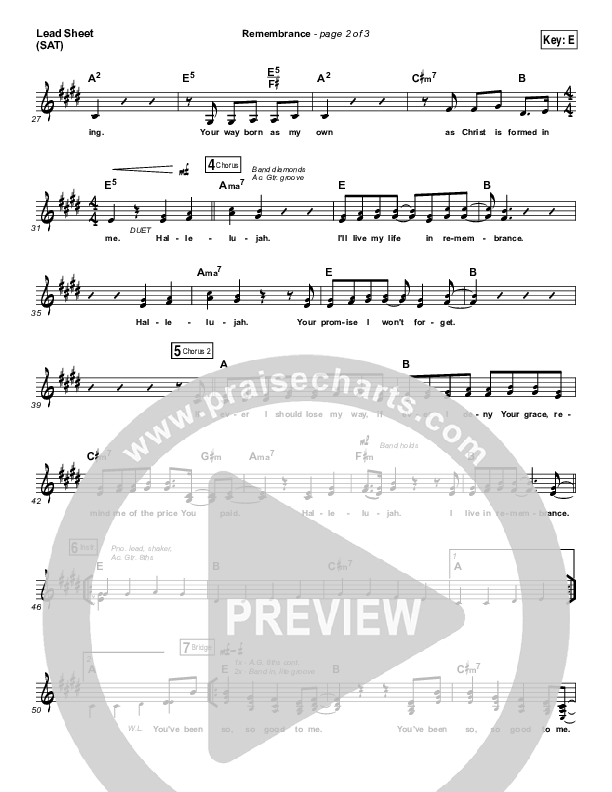 Remembrance (Live Acoustic) Lead Sheet (SAT) (Hillsong Worship)