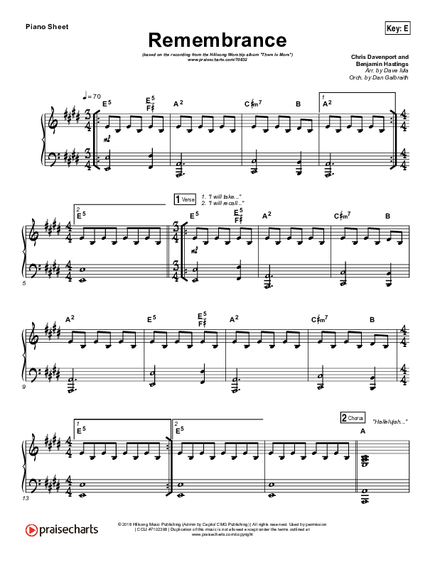 Remembrance (Live Acoustic) Piano Sheet (Hillsong Worship)