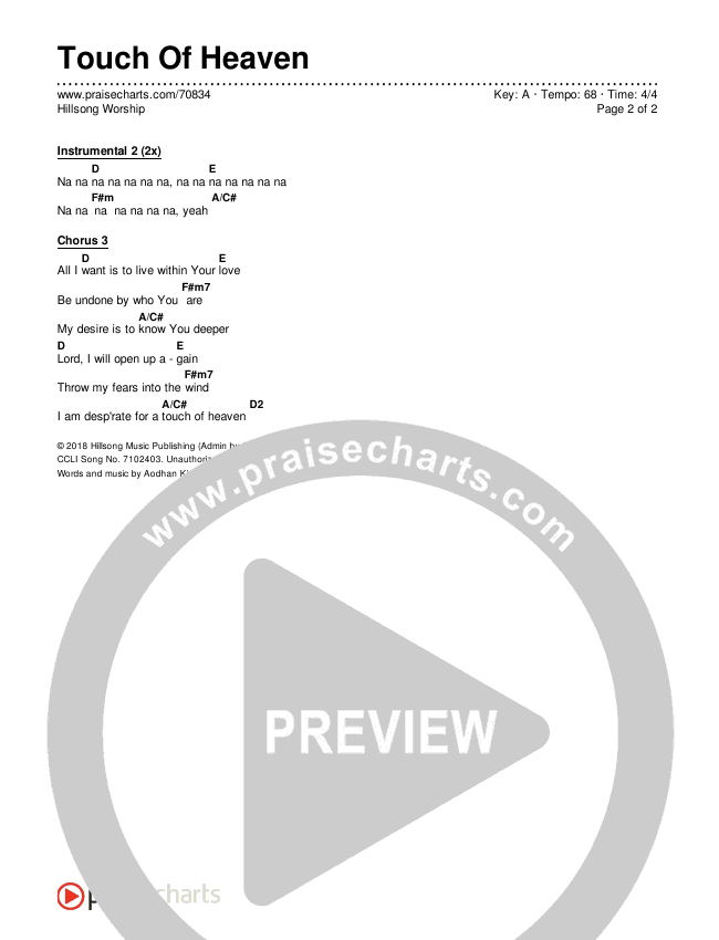 Touch Of Heaven Chords & Lyrics (Hillsong Worship)