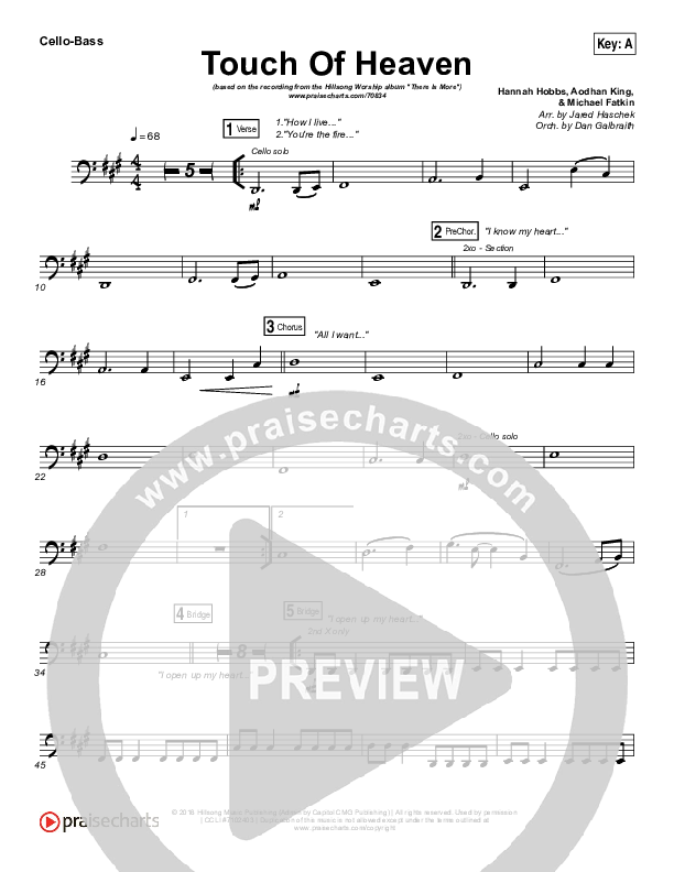 Touch Of Heaven Cello/Bass (Hillsong Worship)