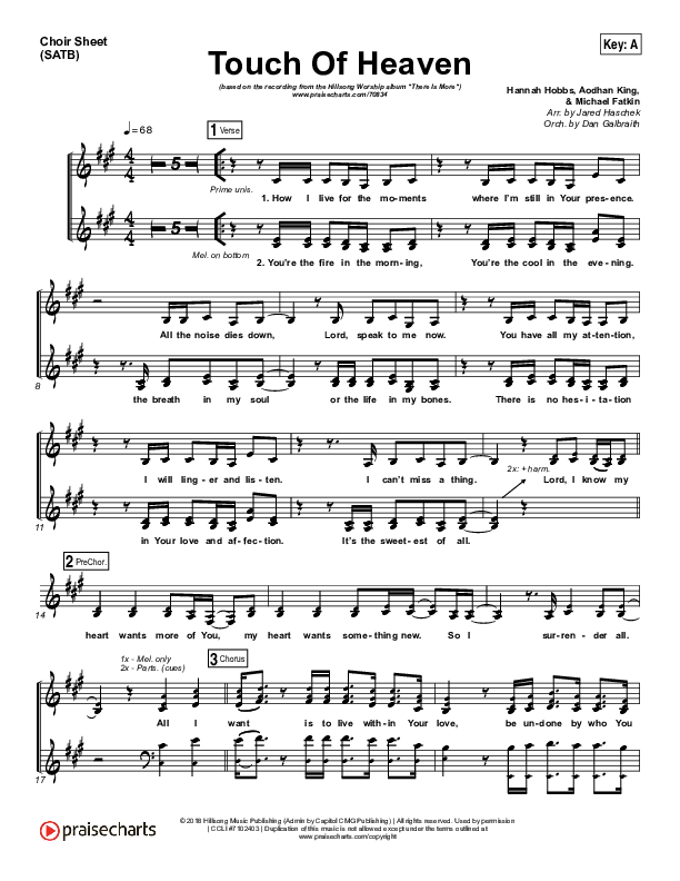 Touch Of Heaven Choir Vocals (SATB) (Hillsong Worship)