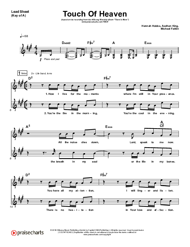 Touch Of Heaven Lead Sheet (Melody) (Hillsong Worship)