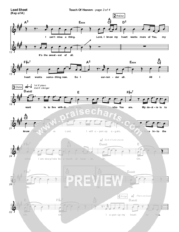 Touch Of Heaven Lead Sheet (Melody) (Hillsong Worship)
