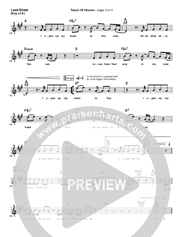 Touch Of Heaven Lead Sheet (Melody) (Hillsong Worship)