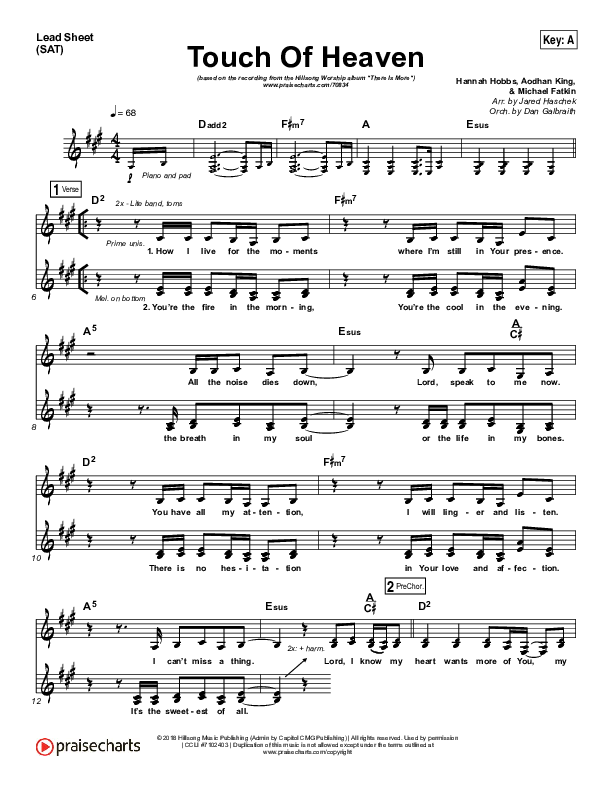 Touch Of Heaven Lead Sheet (SAT) (Hillsong Worship)
