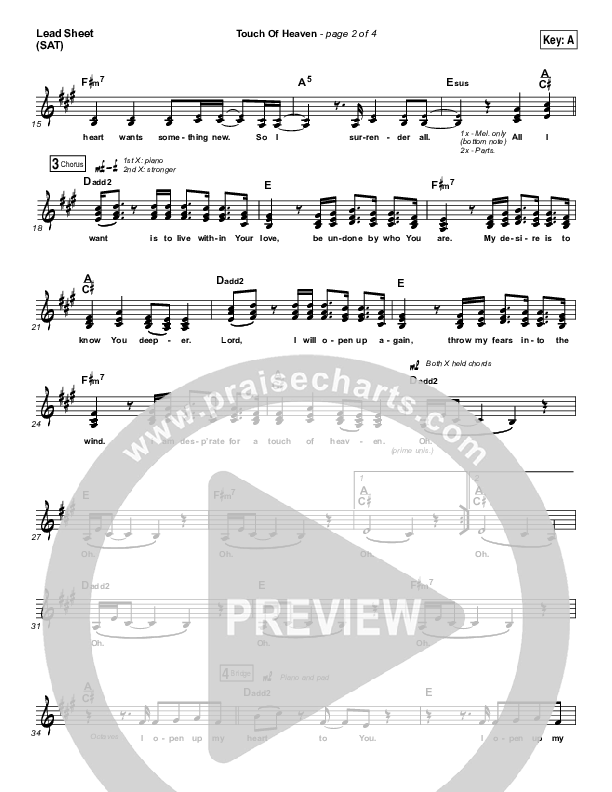 Touch Of Heaven Lead Sheet (SAT) (Hillsong Worship)