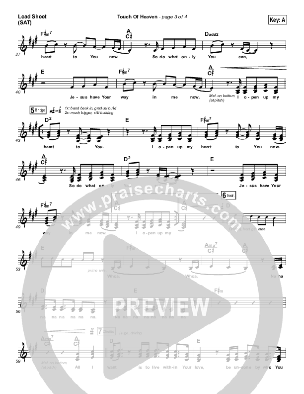 Touch Of Heaven Lead Sheet (SAT) (Hillsong Worship)
