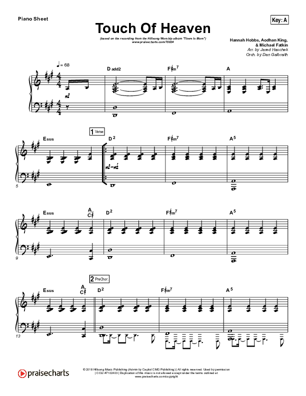 Touch Of Heaven Piano Sheet (Hillsong Worship)