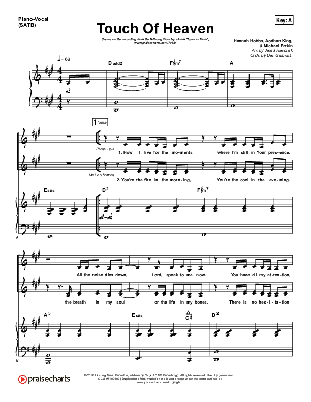 Touch Of Heaven Piano/Vocal (SATB) (Hillsong Worship)