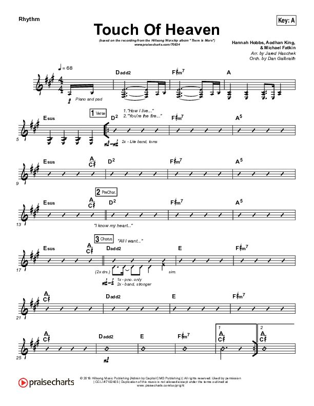 Touch Of Heaven Rhythm Chart (Hillsong Worship)