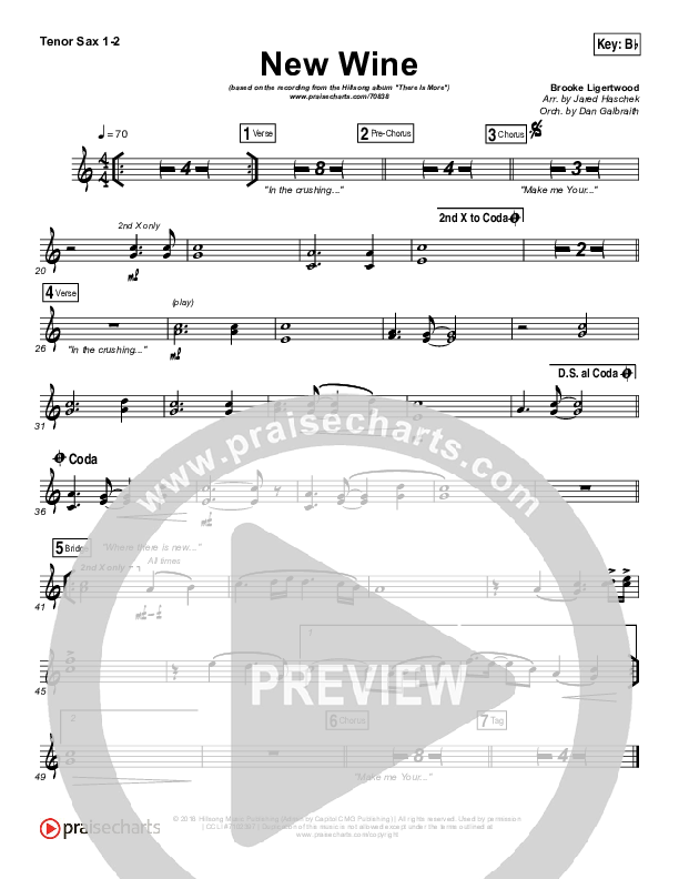 New Wine Tenor Sax 1/2 (Hillsong Worship)