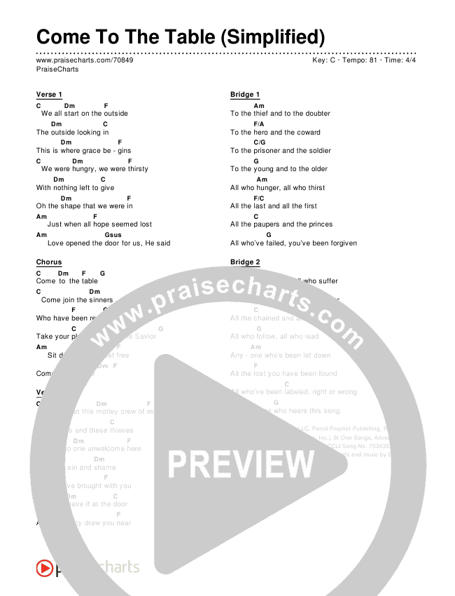 Come To The Table (Simplified) Chord Chart (Sidewalk Prophets)