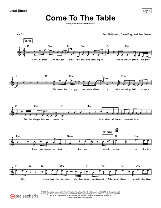 Come To The Table (Simplified) Lead Sheet (Sidewalk Prophets)