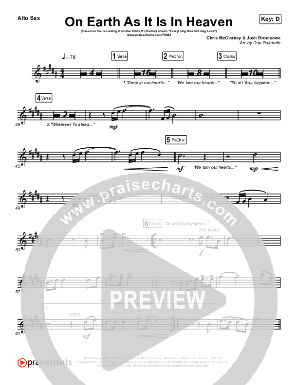 On Earth As It Is In Heaven Alto Sax (Chris McClarney / Kim Walker-Smith)