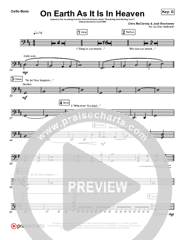 On Earth As It Is In Heaven Cello/Bass (Chris McClarney / Kim Walker-Smith)