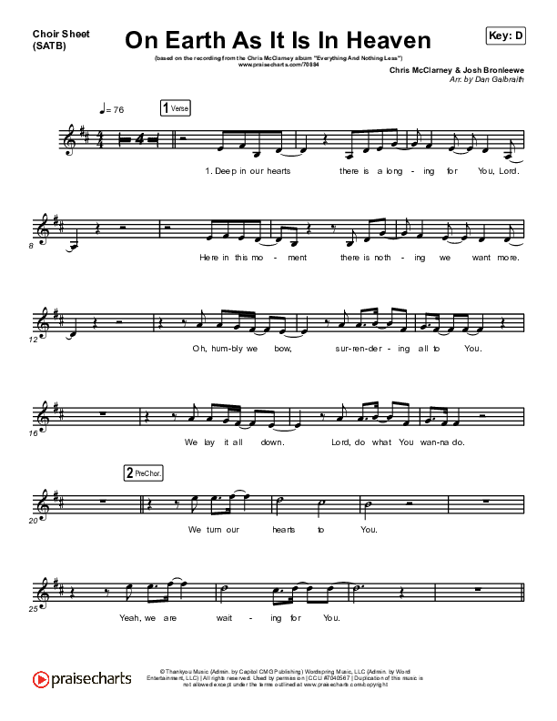 On Earth As It Is In Heaven Choir Vocals (SATB) (Chris McClarney / Kim Walker-Smith)
